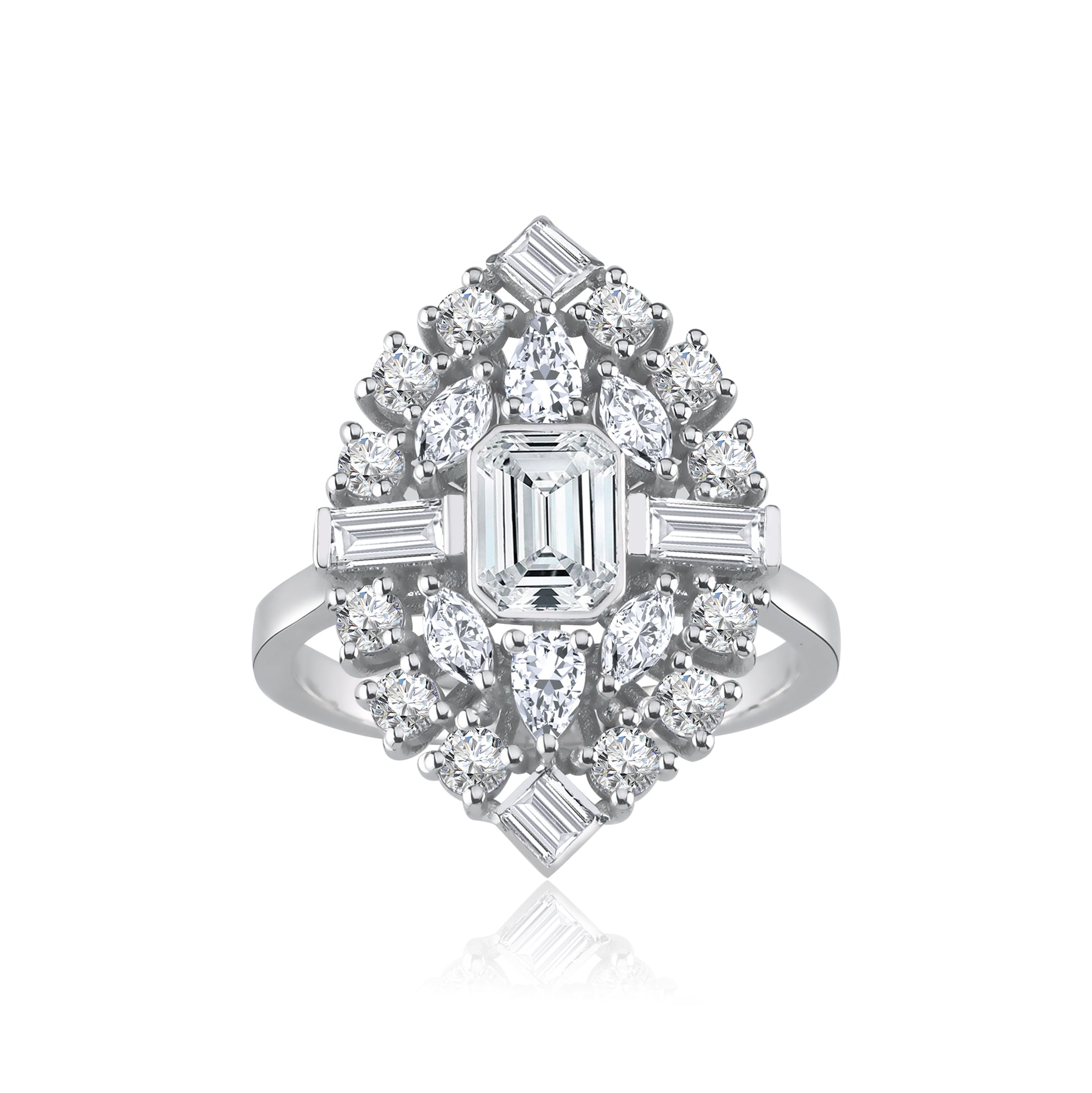 Inel LRSR521 aur alb 18k cu diamant natural baguette si diamante naturale