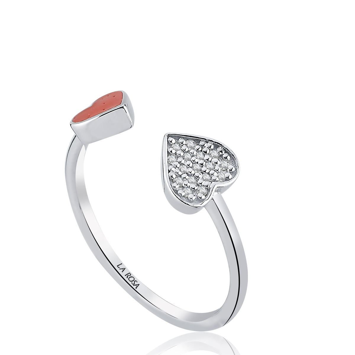 Inel MD54221 din aur alb 14k forma inima cu diamante si email rosu - Bijuterii LA ROSA