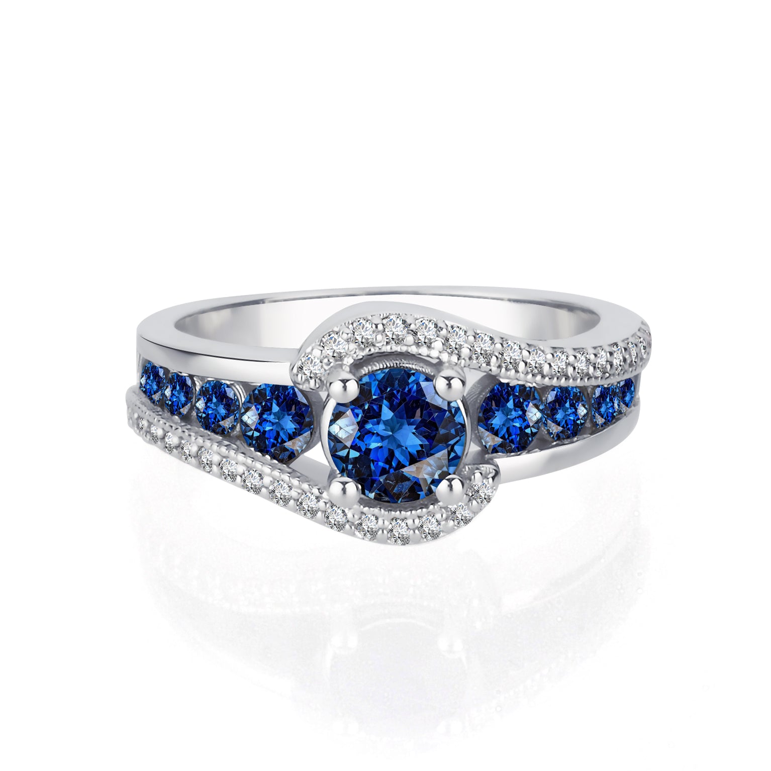 Inel din aur alb 18k cu safire 0.70ct si diamante naturale 0.50ct