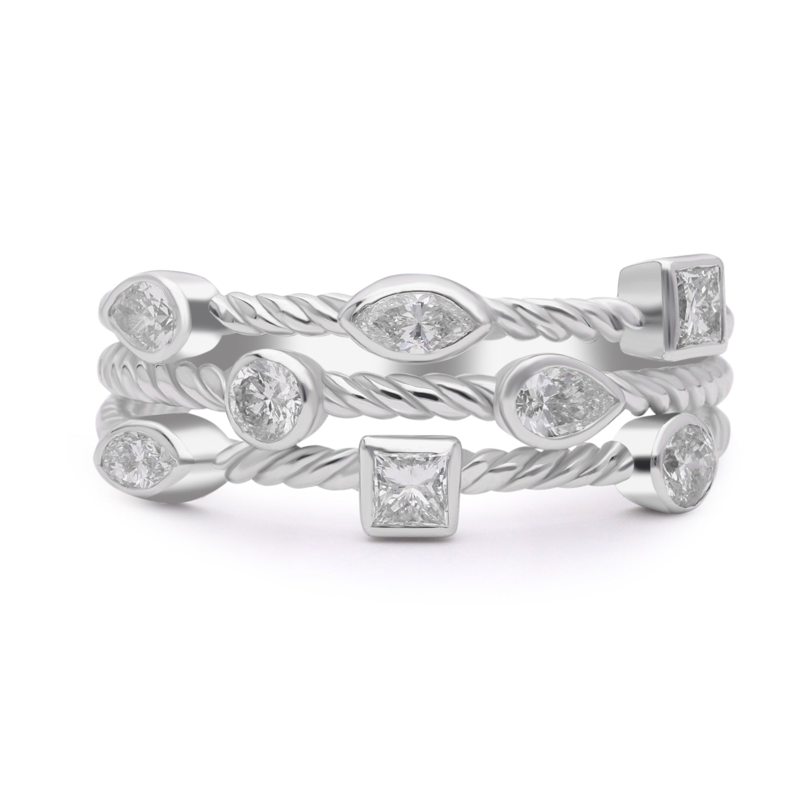 INEL triplu ring R004802 din aur alb 14k model impletit cu diamante - Bijuterii LA ROSA