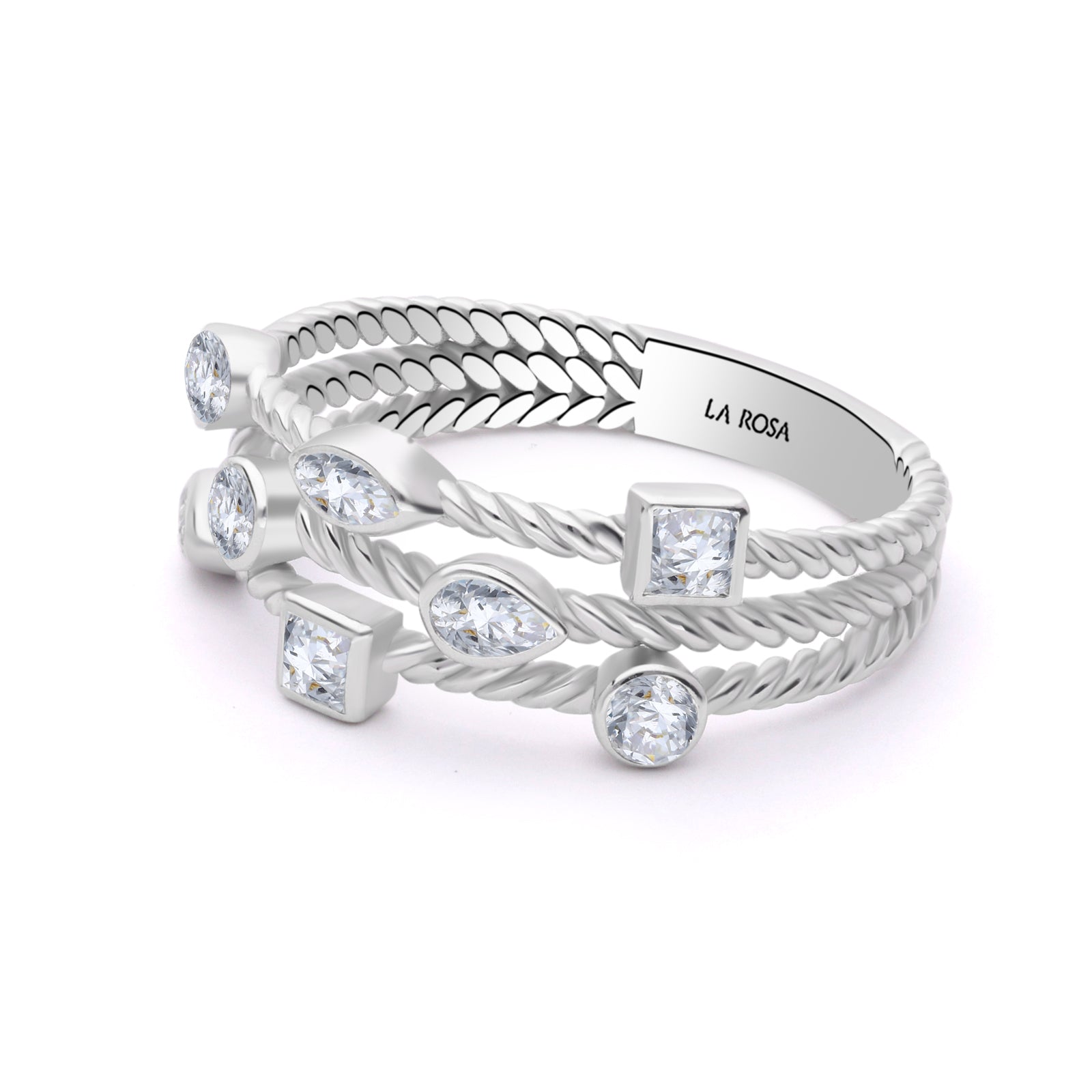 INEL triplu ring R004802 din aur alb 14k model impletit cu diamante - Bijuterii LA ROSA