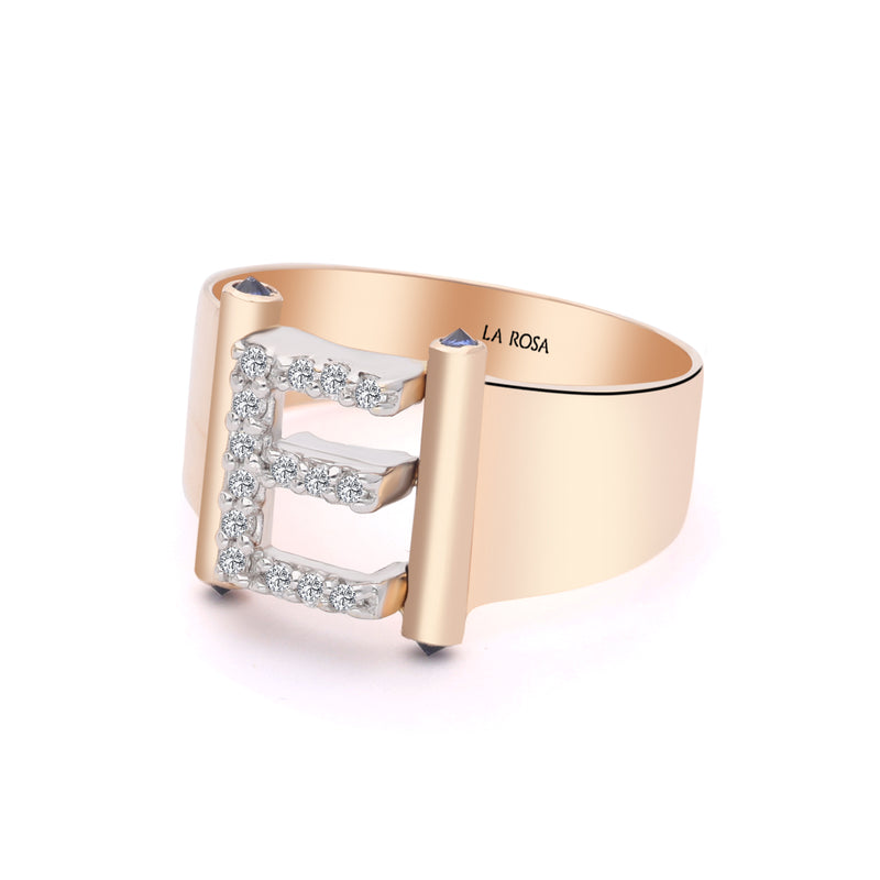 INEL R006154 DIN AUR ROZ SI AUR ALB 14K initiala E CU DIAMANTE SI SAFIR - Bijuterii LA ROSA