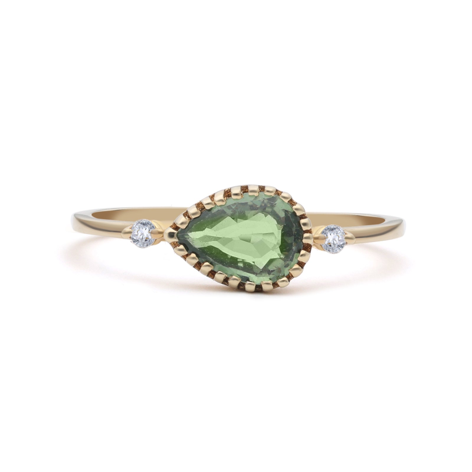 INEL R006368 DIN AUR ROZ 14K CU SAFIR VERDE FORMA LACRIMA SI DIAMANTE - Bijuterii LA ROSA
