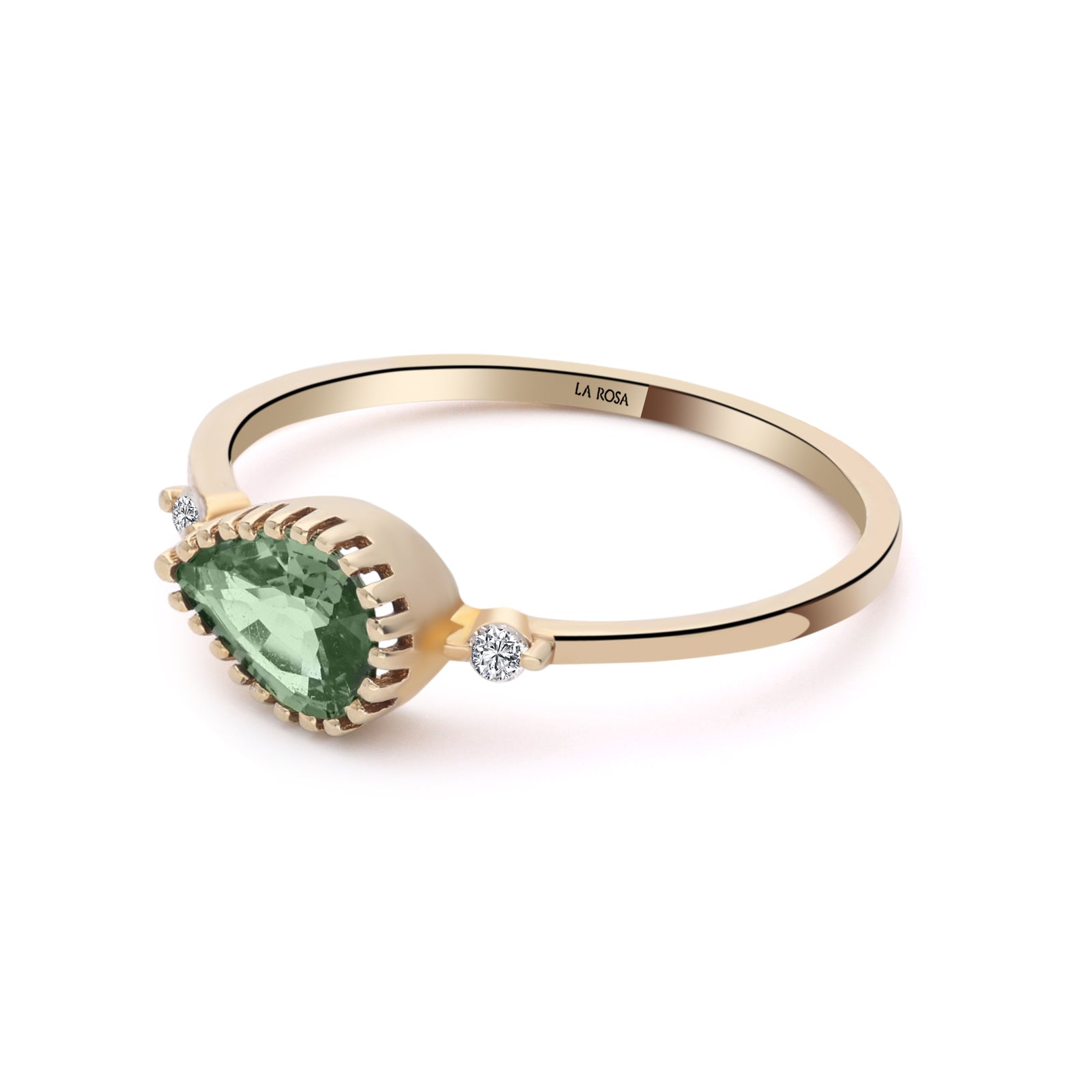 INEL R006368 DIN AUR ROZ 14K CU SAFIR VERDE FORMA LACRIMA SI DIAMANTE - Bijuterii LA ROSA