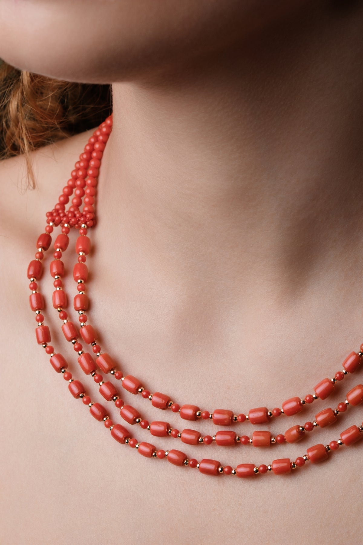 Colier Corallo aur galben 18k, coral natural si hematite