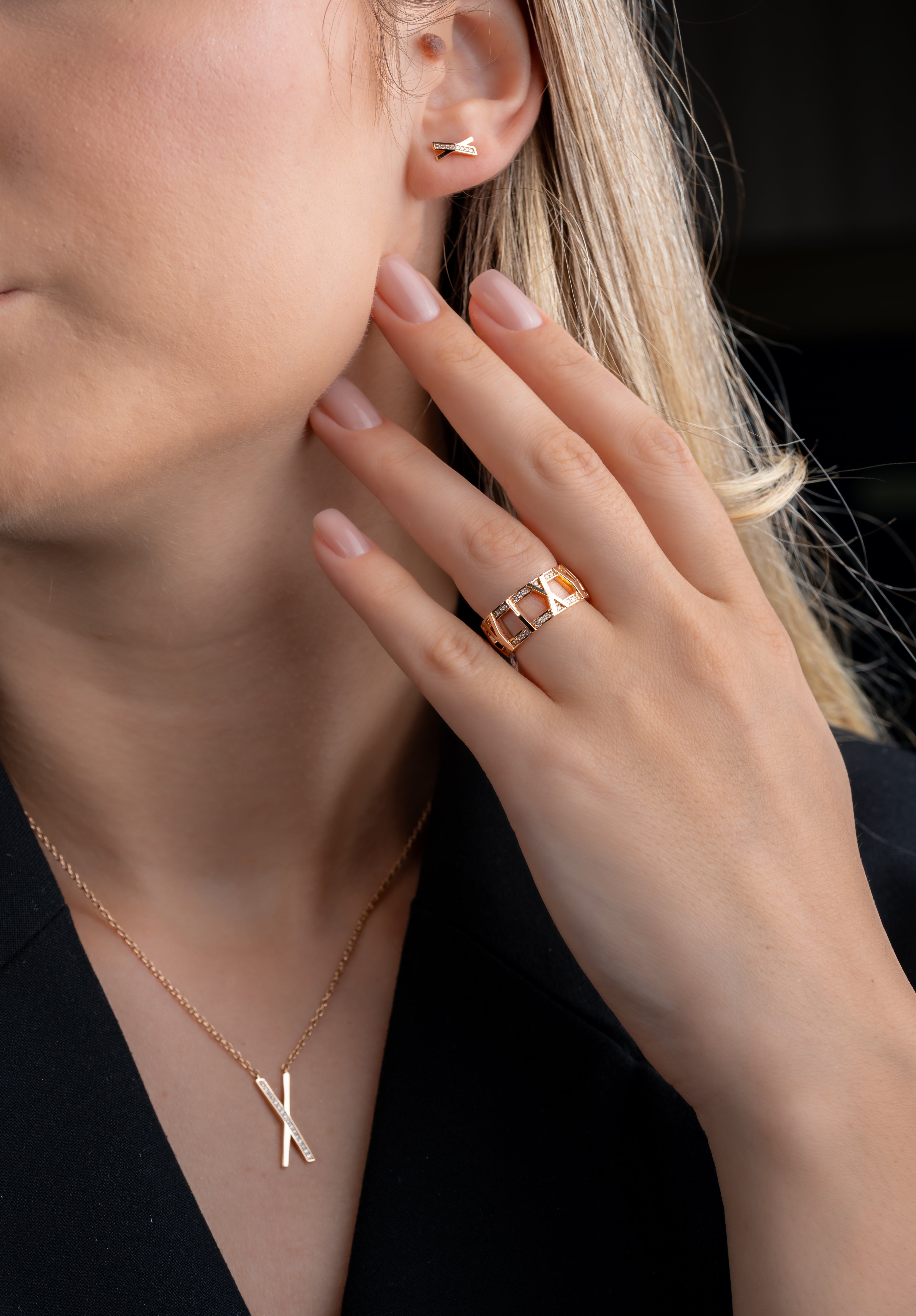 Colier din aur roz 14k forma X cu diamante naturale