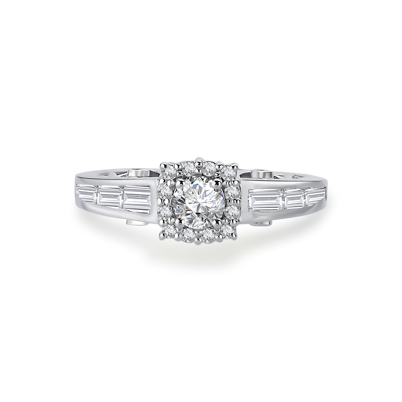 Inel de logodnă din aur alb 14K cu diamante naturale halo și baguette – vedere frontala La Rosa
