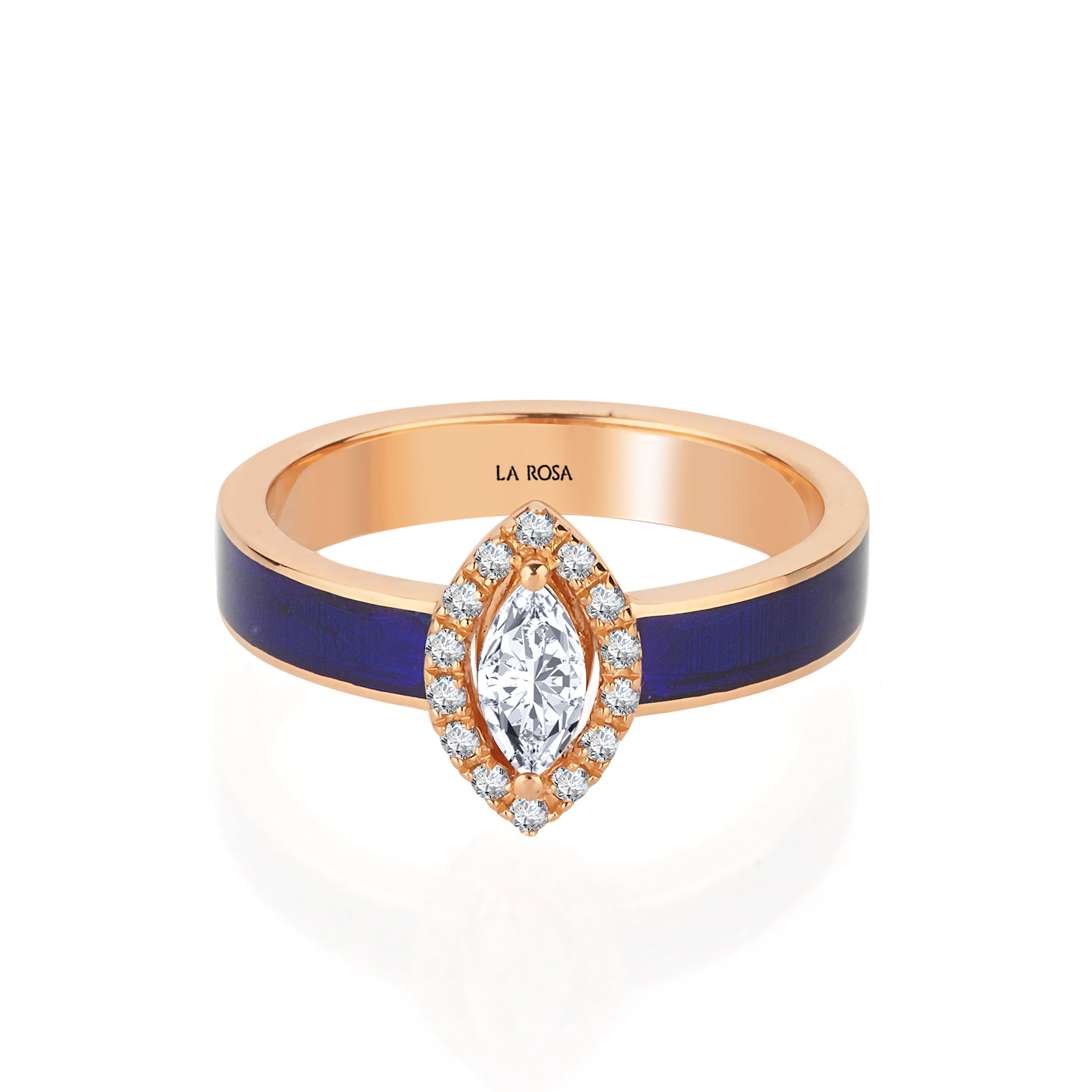 Inel ISC102 aur roz 18k cu diamant natural marquise 0.31ct si email navy