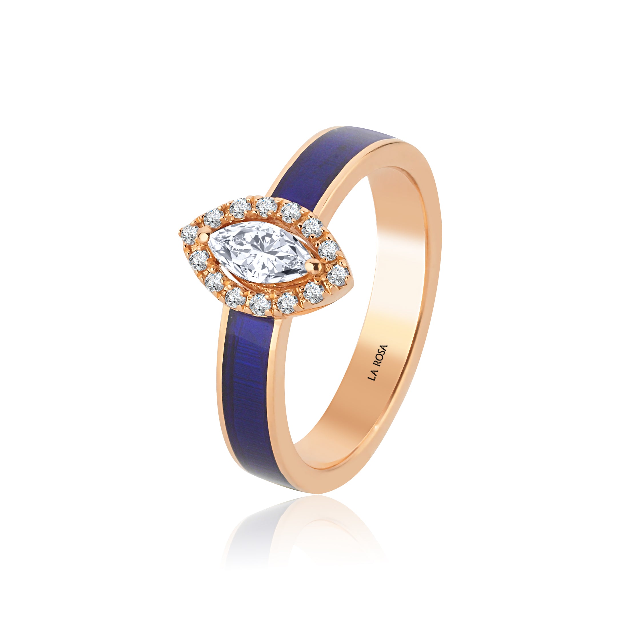 Inel ISC102 aur roz 18k cu diamant natural marquise 0.31ct si email navy