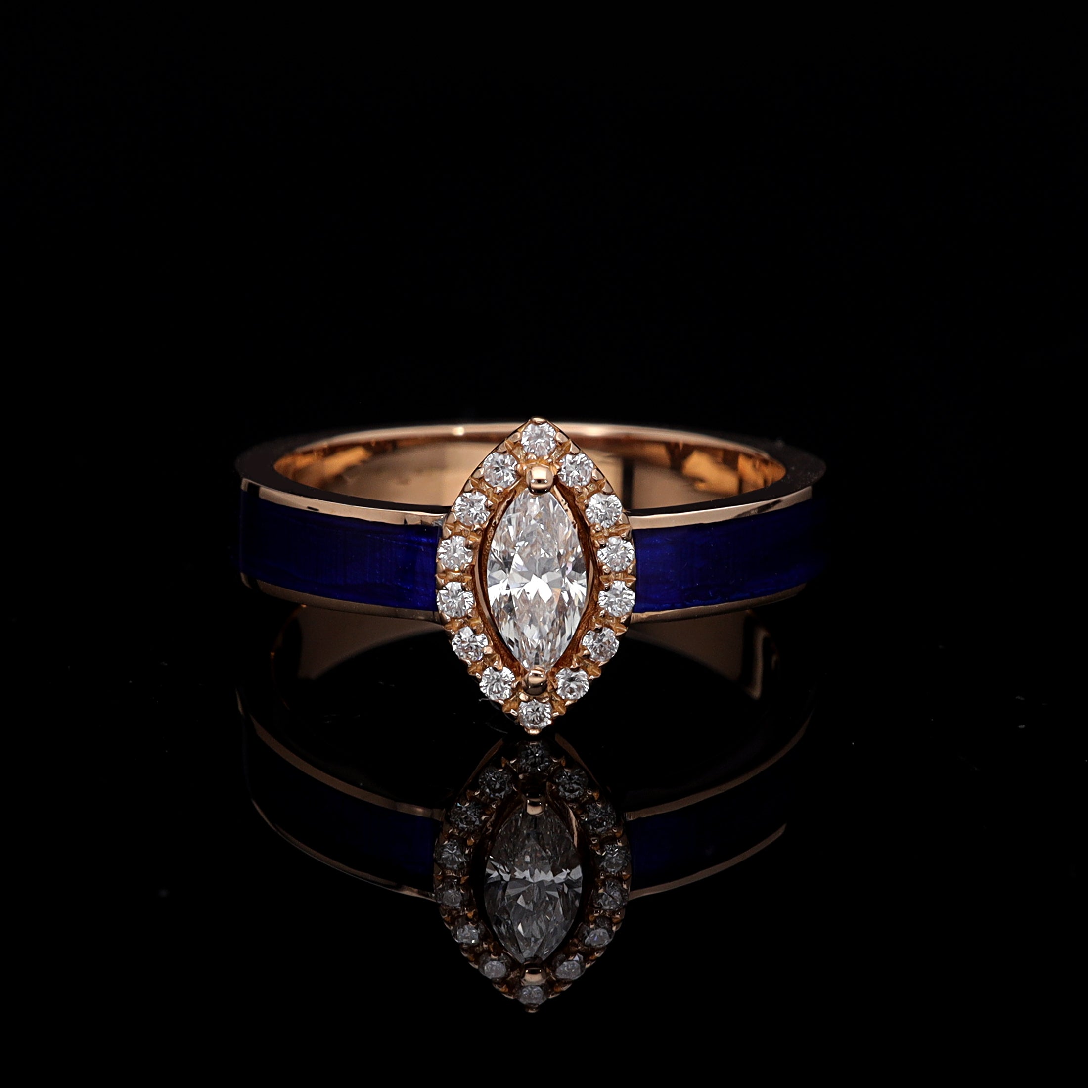 Inel ISC102 aur roz 18k cu diamant natural marquise 0.31ct si email navy