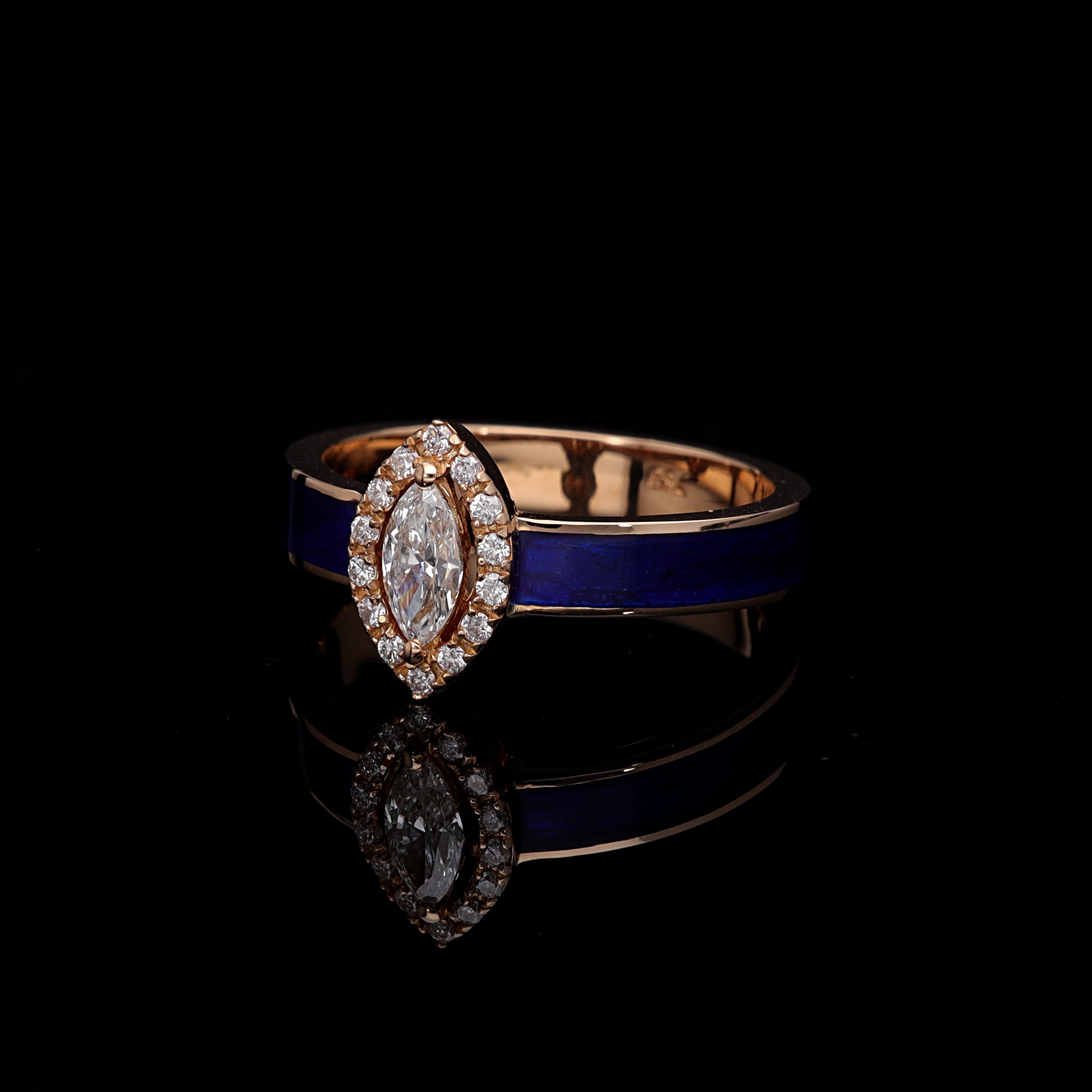 Inel ISC102 aur roz 18k cu diamant natural marquise 0.31ct si email navy