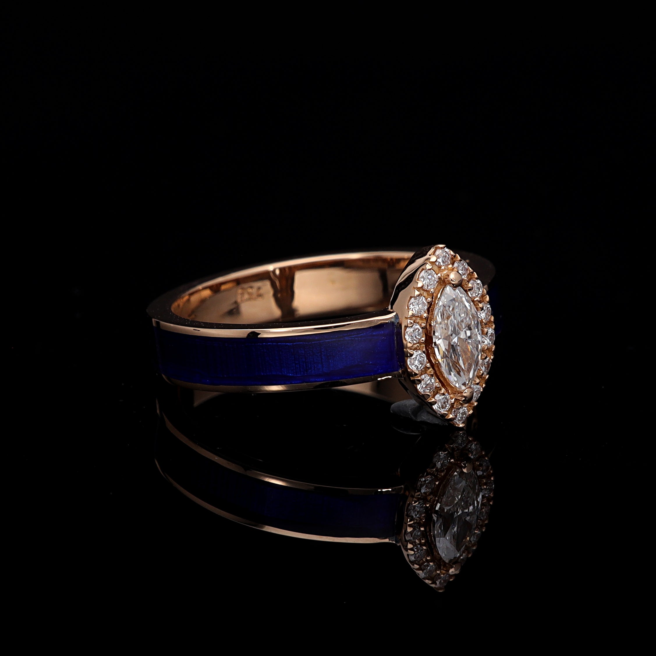Inel ISC102 aur roz 18k cu diamant natural marquise 0.31ct si email navy
