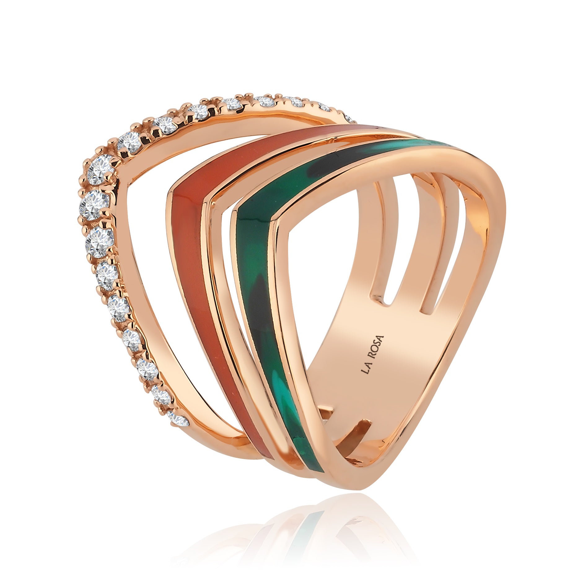 Inel ISC104 aur roz 18k cu diamante naturale 0.35ct si email bicolor