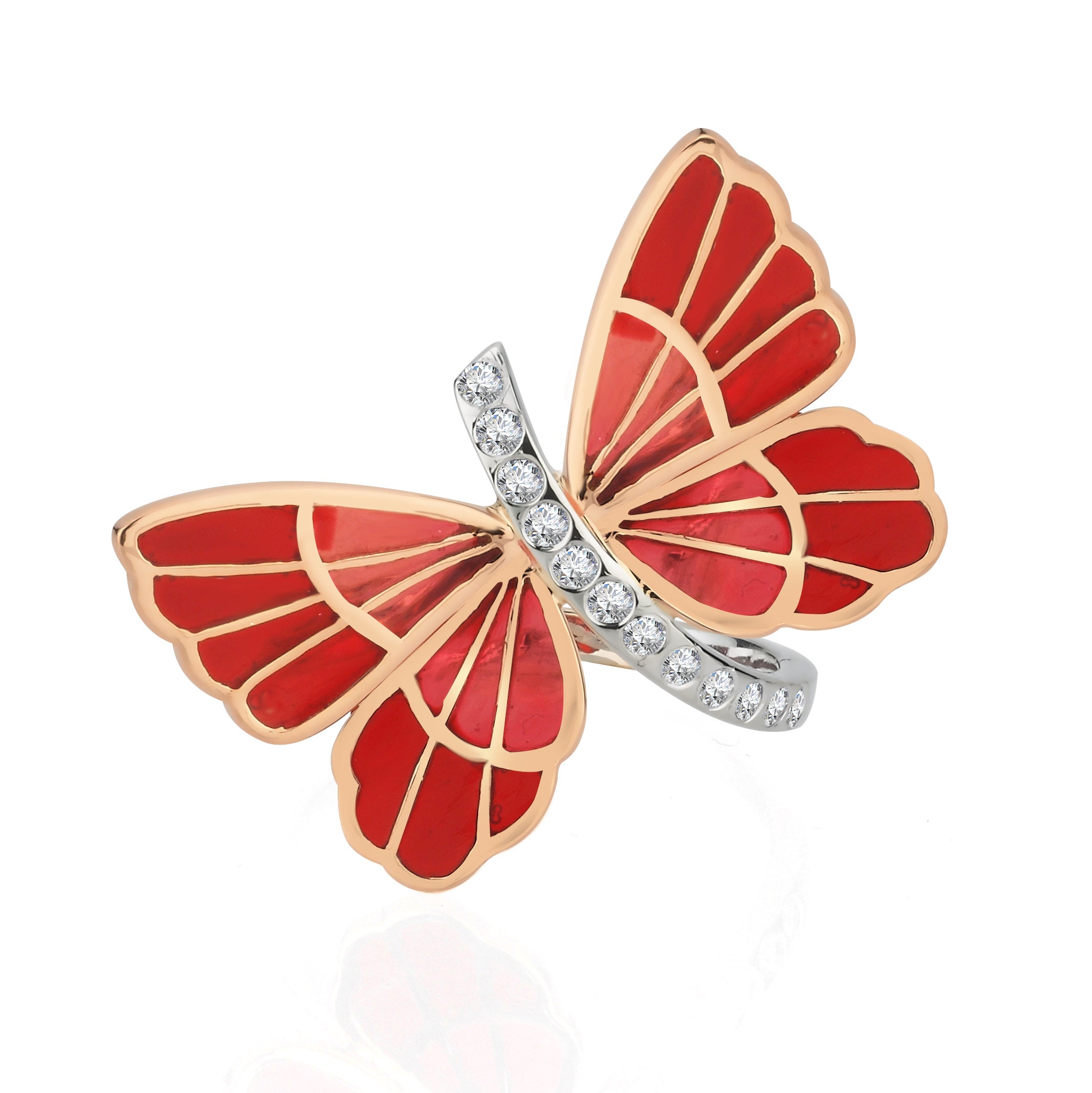 Inel fluture ISC105 aur alb si roz 18k cu diamante naturale 0.17ct si email rosu