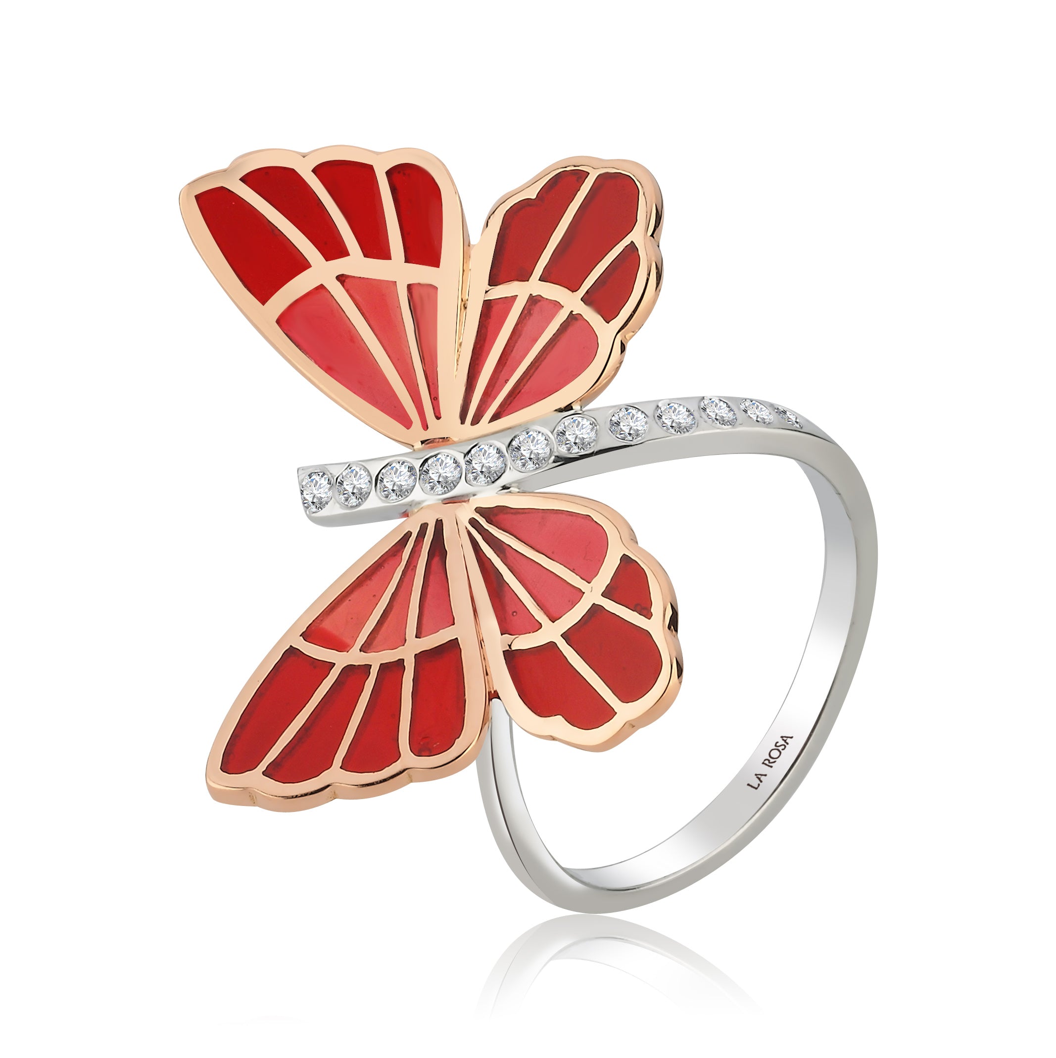 Inel fluture ISC105 aur alb si roz 18k cu diamante naturale 0.17ct si email rosu