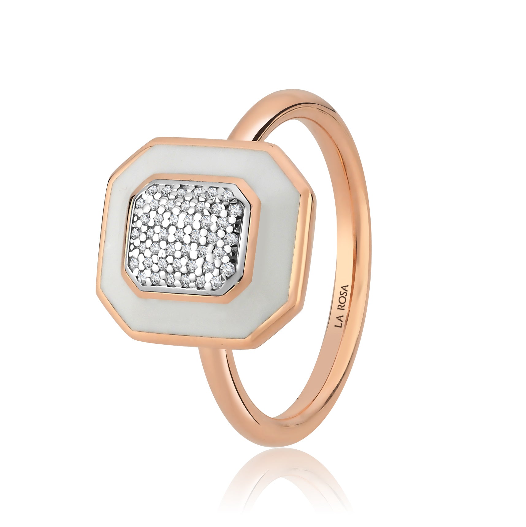 Inel ISC108 aur roz 18k cu diamante naturale 0.11ct si email alb