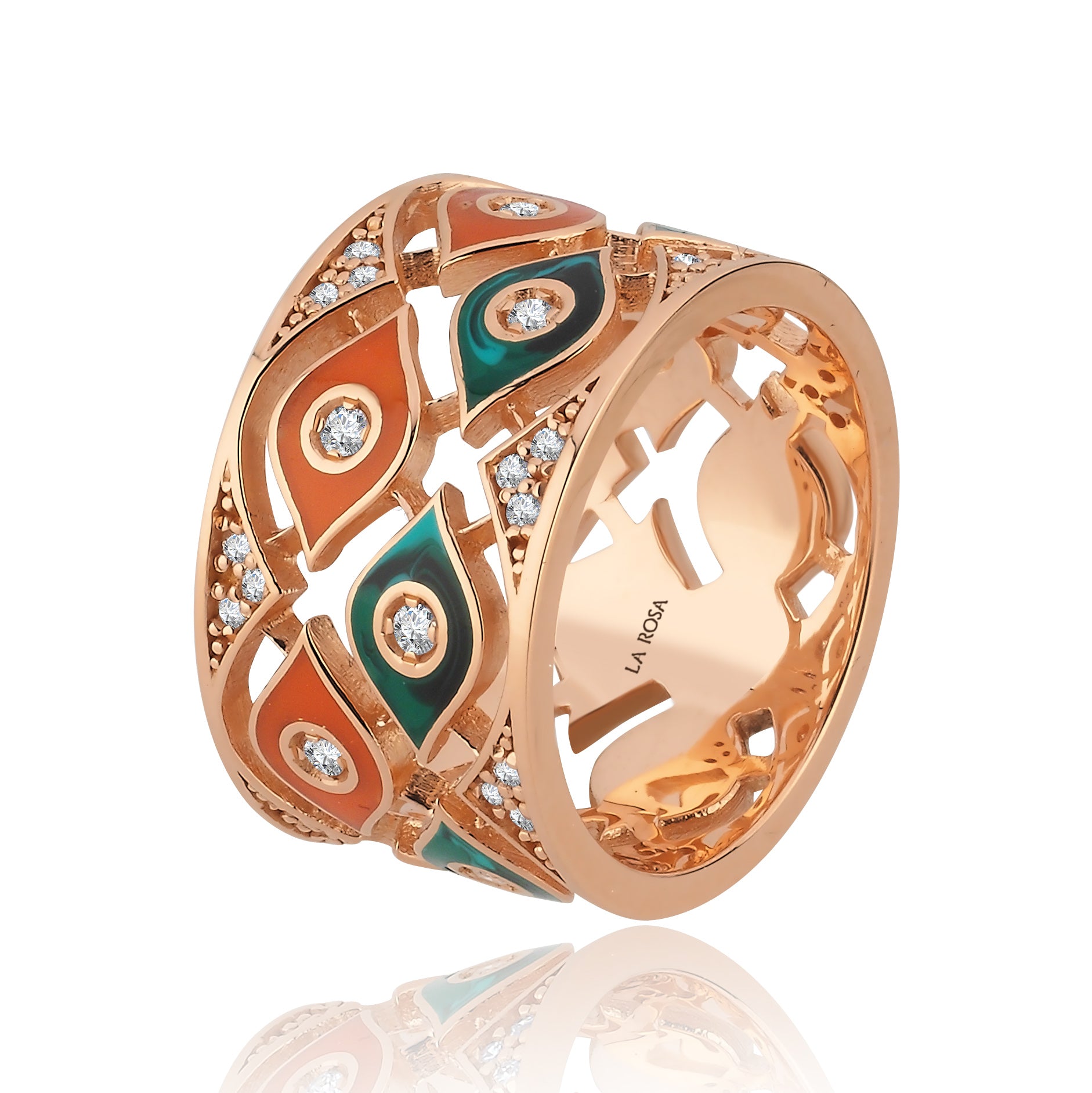 Inel ISC110 aur roz 18k cu diamante naturale 0.35ct si email bicolor
