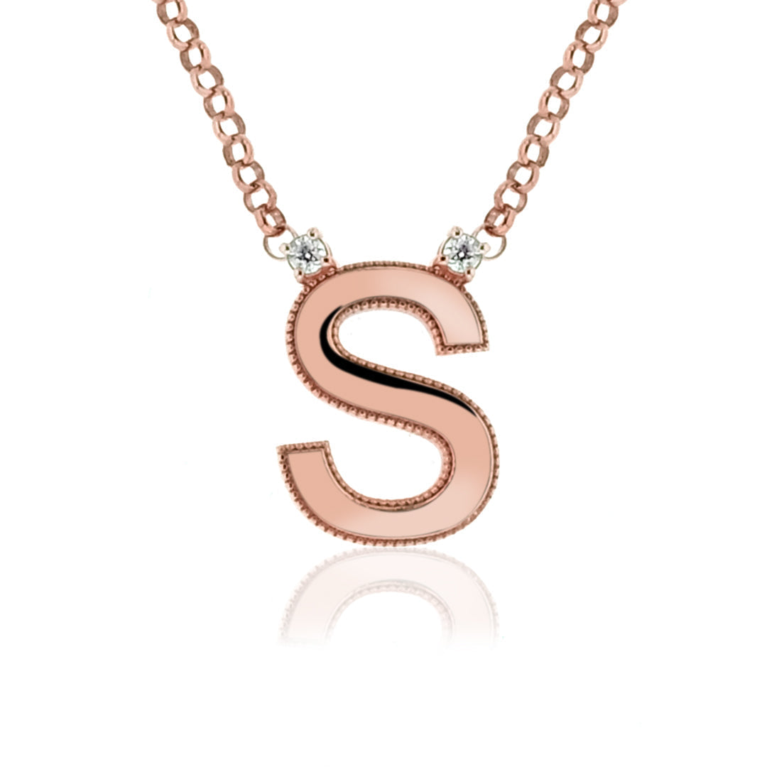 Colier cu initiala S din aur roz de 14k cu diamante - Bijuterii LA ROSA