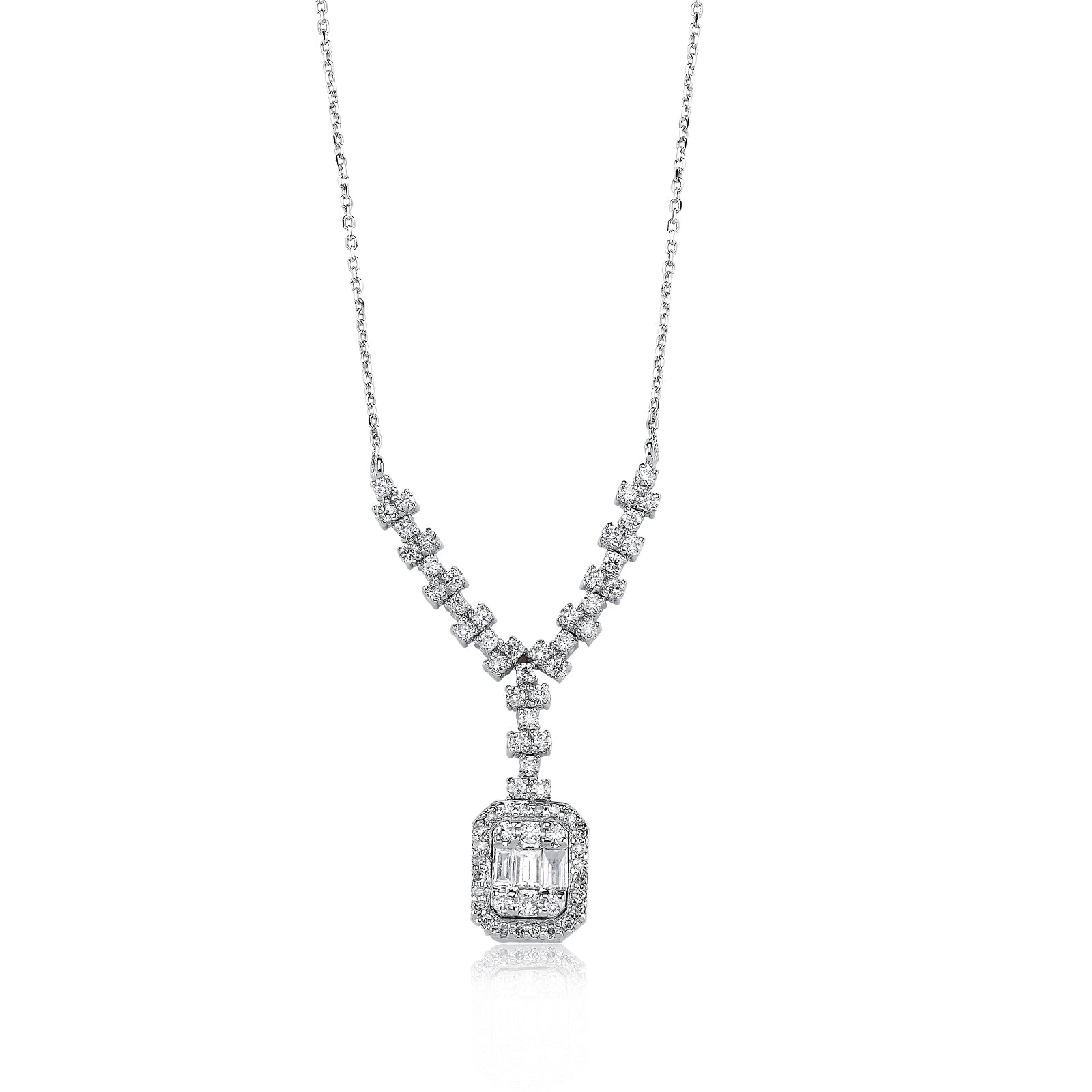 COLIER N001267 DIN AUR ALB 14K FORMA DREPTUNGHI CU DIAMANTE BAGHETE - Bijuterii LA ROSA