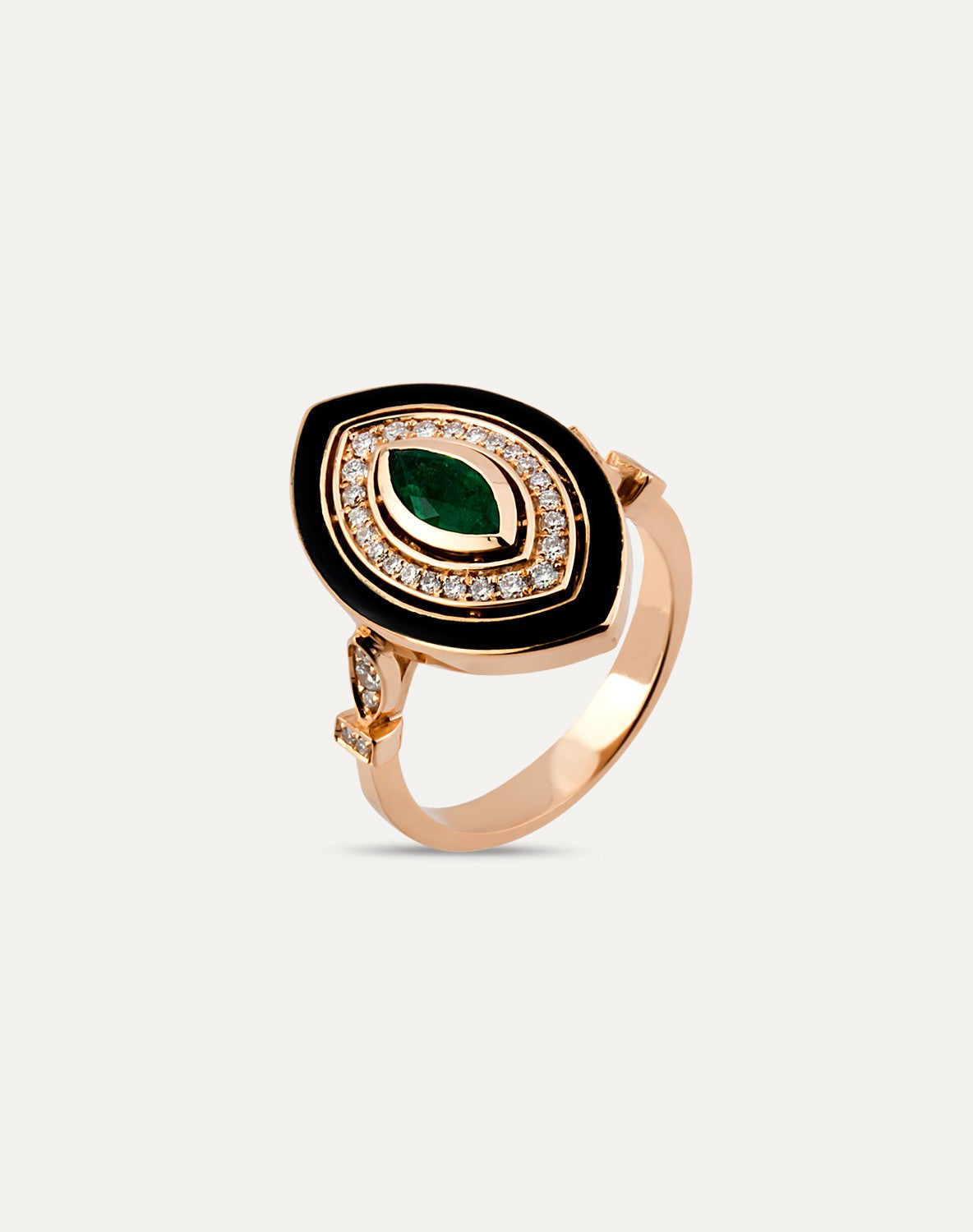 Inel din aur roz 18k cu diamante, smarald si email negru - Bijuterii LA ROSA