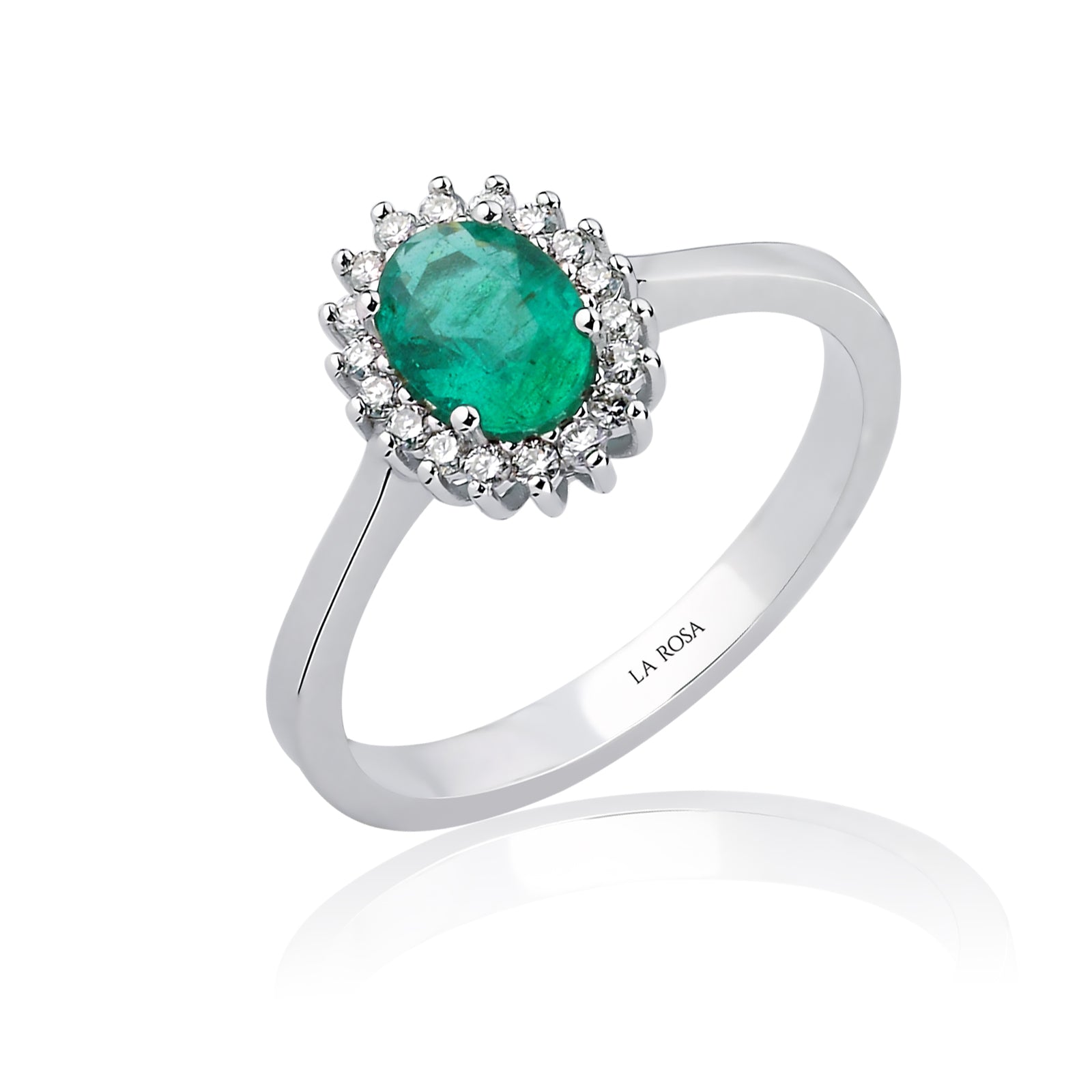 INEL R000126 DIN AUR ALB 14K FORMA OVALA CU DIAMANTE SI SMARALD - Bijuterii LA ROSA - Verighete si Inele de Logodna, bijuterii cu diamante