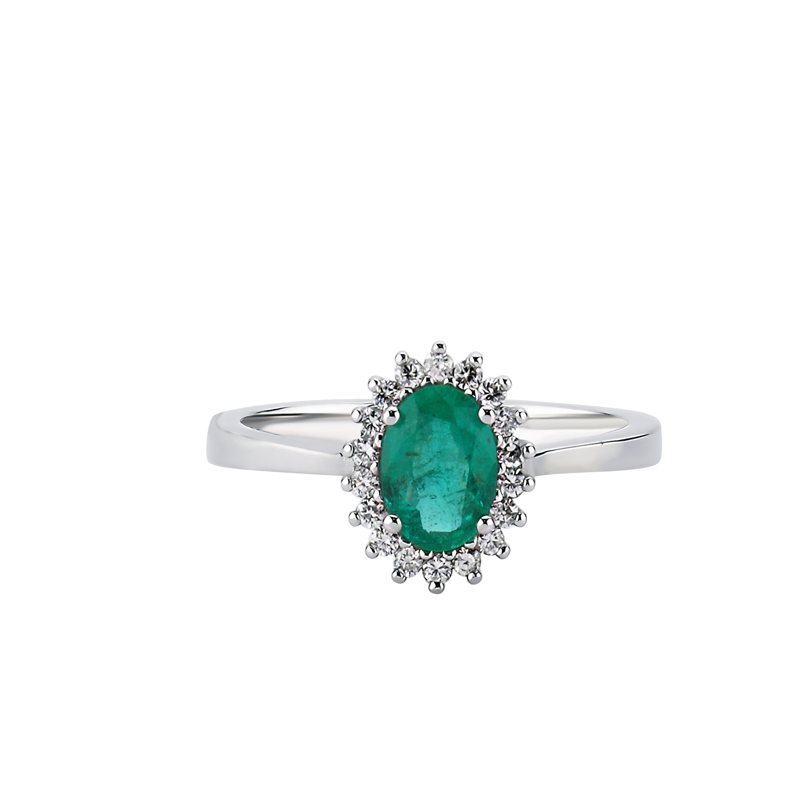 INEL R000126 DIN AUR ALB 14K FORMA OVALA CU DIAMANTE SI SMARALD - Bijuterii LA ROSA - Verighete si Inele de Logodna, bijuterii cu diamante