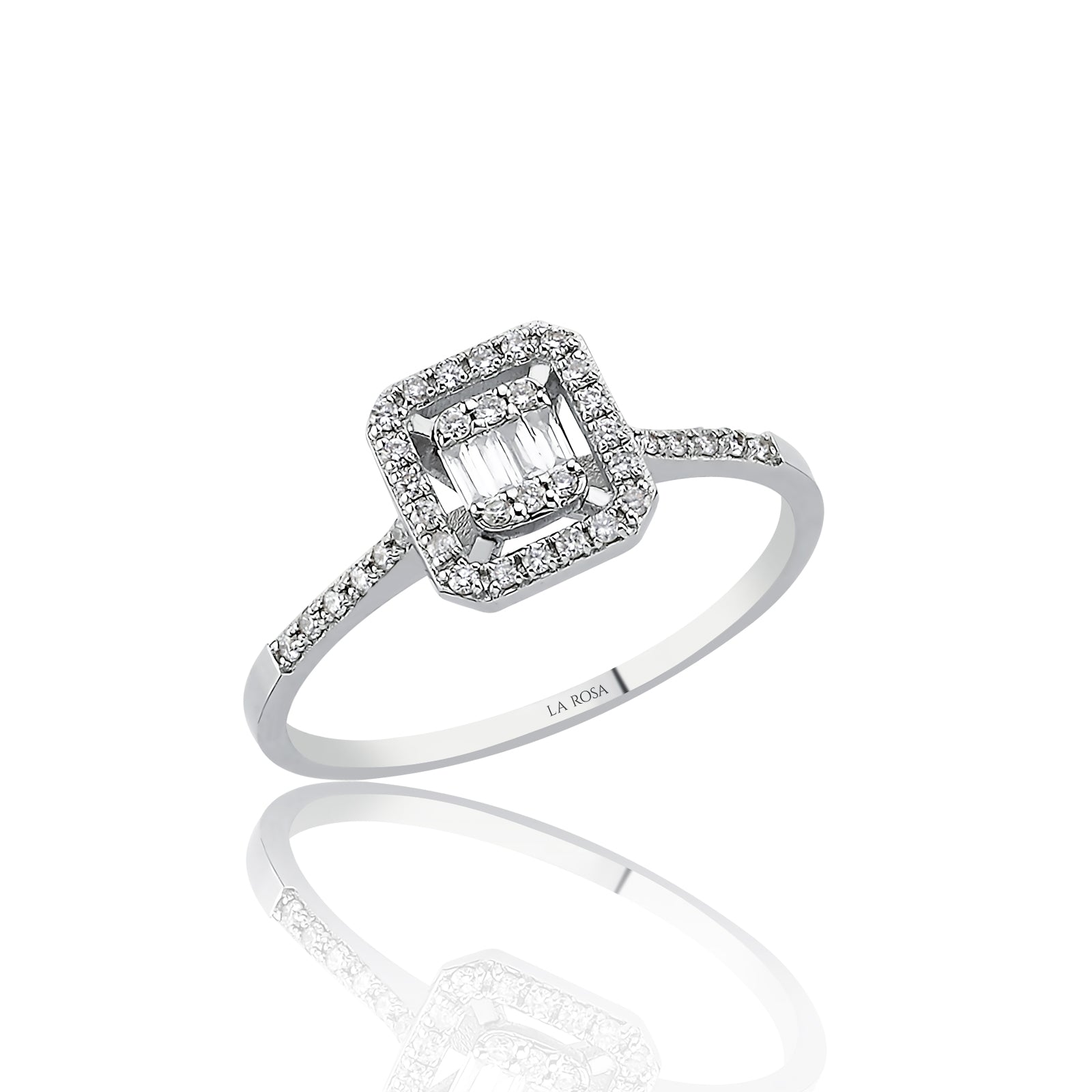 INEL R003772 DIN AUR ALB 14K FORMA PATRATA CU DIAMANTE BAGHETE - Bijuterii LA ROSA