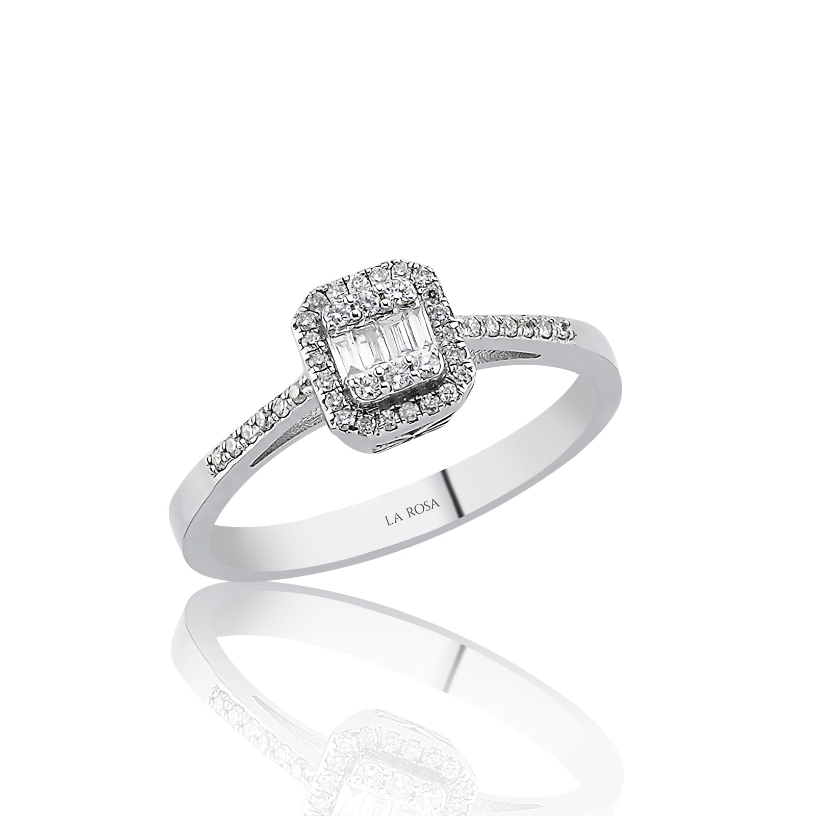 INEL R003796 DIN AUR ALB 14K FORMA SEMIPATRATA CU DIAMANTE BAGHETE - Bijuterii LA ROSA