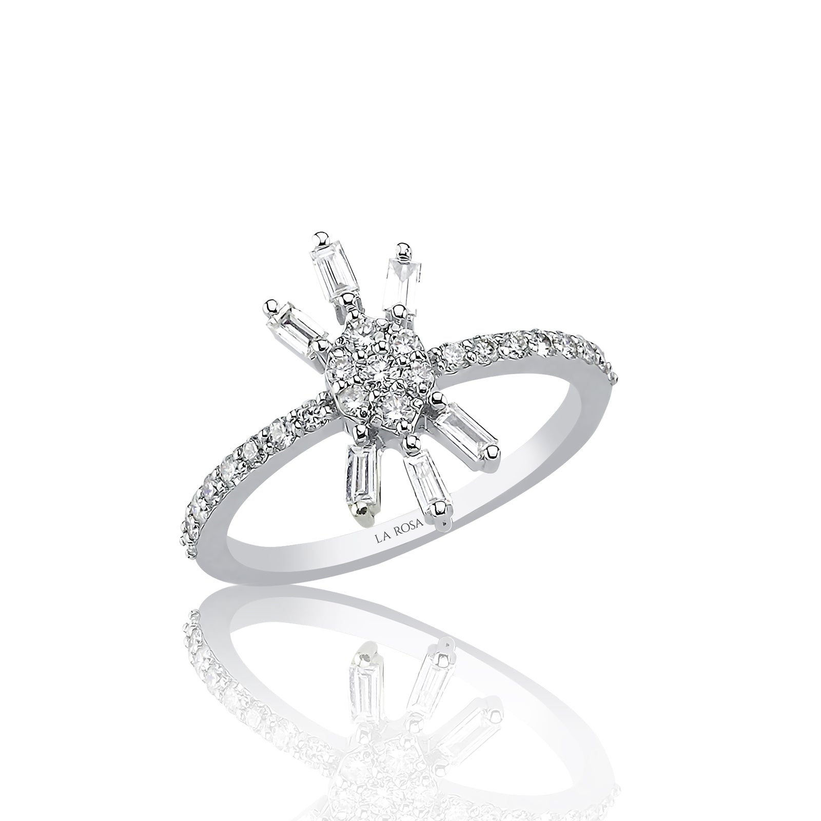 INEL R004260 DIN AUR ALB 14K FORMA OVALA CU DIAMANTE BAGHETE - Bijuterii LA ROSA