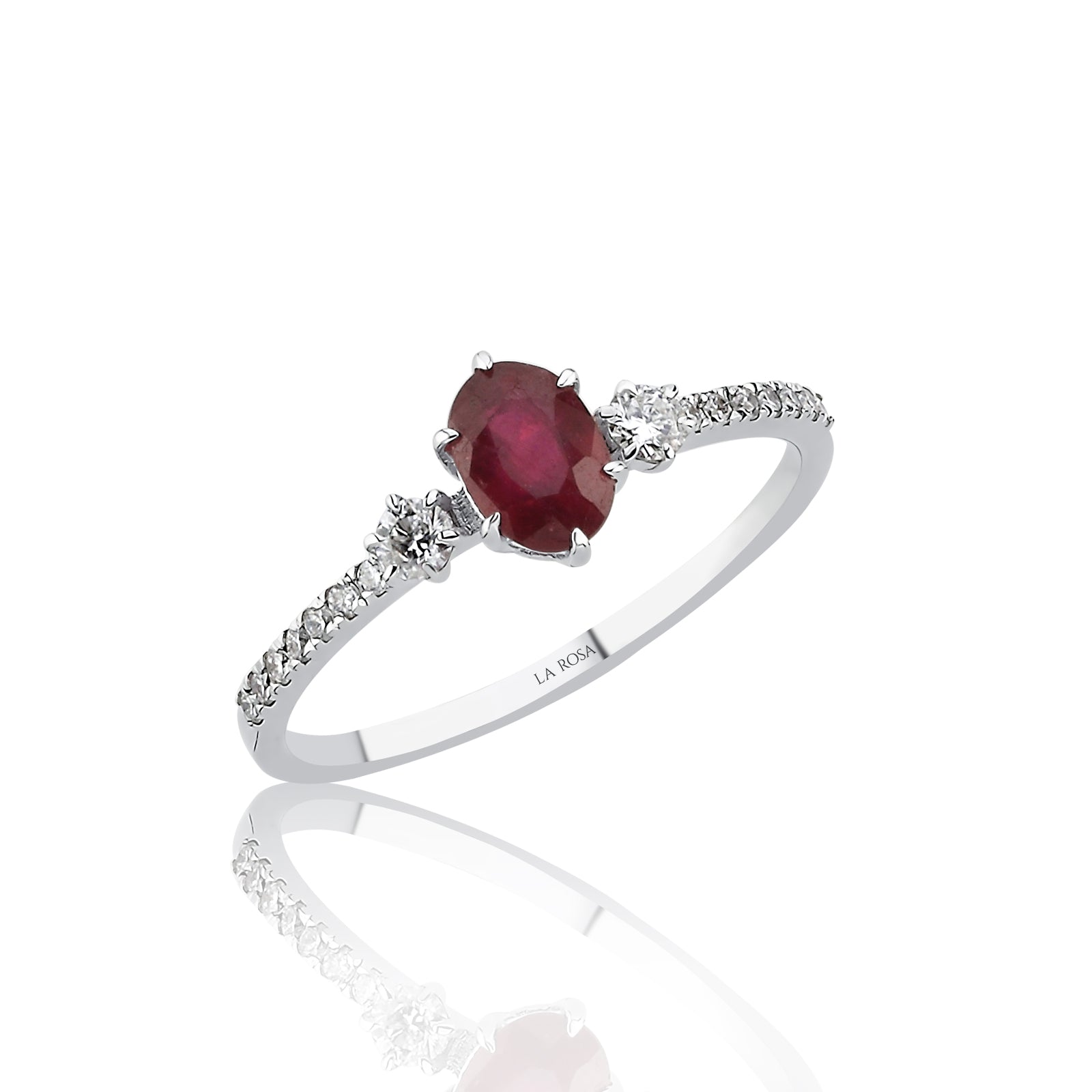 INEL R004394 DIN AUR ALB 14K FORMA OVALA CU DIAMANTE SI RUBIN - Bijuterii LA ROSA