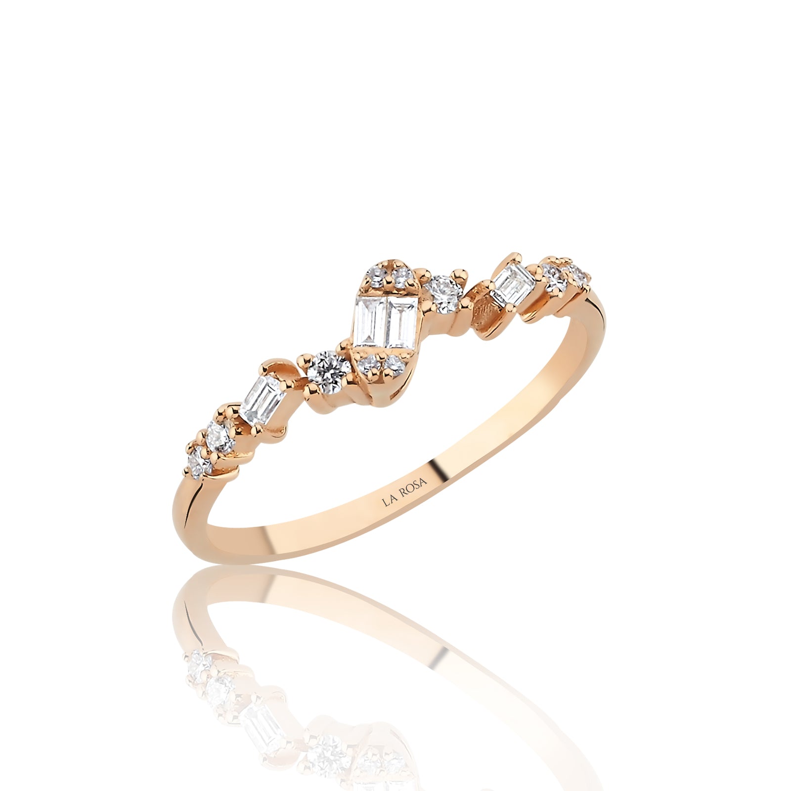 INEL R004556 DIN AUR ROZ 14K CU DIAMANTE ROTUNDE SI BAGHETE - Bijuterii LA ROSA