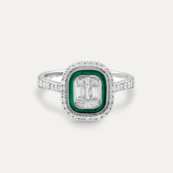 Inel din aur alb 14k cu diamante baghete si email verde - Bijuterii LA ROSA