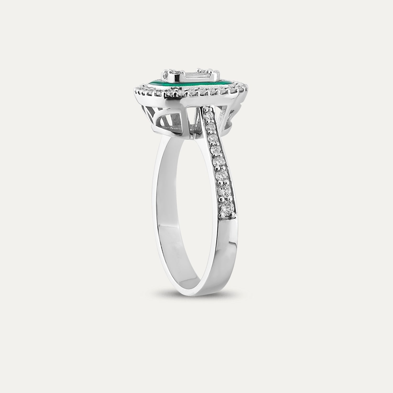 Inel din aur alb 14k cu diamante baghete si email verde - Bijuterii LA ROSA