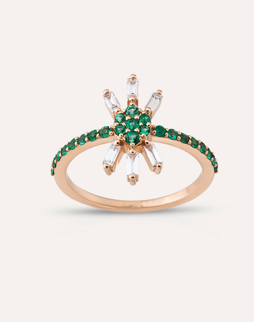 INEL YZ34228 DIN AUR ROZ 14K FORMA FLOARE CU DIAMANTE SI SMARALDE - Bijuterii LA ROSA