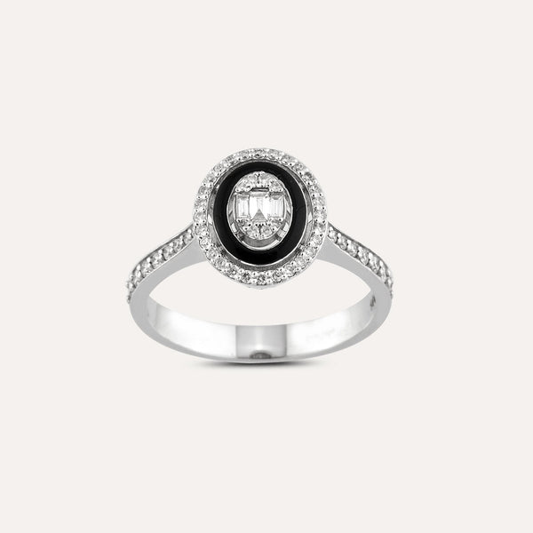 Inel din aur alb 14k cu diamante baghete si email negru - Bijuterii LA ROSA