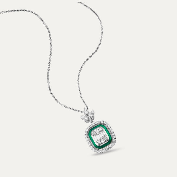 Colier din aur alb 14k cu email verde si diamante baghete - Bijuterii LA ROSA