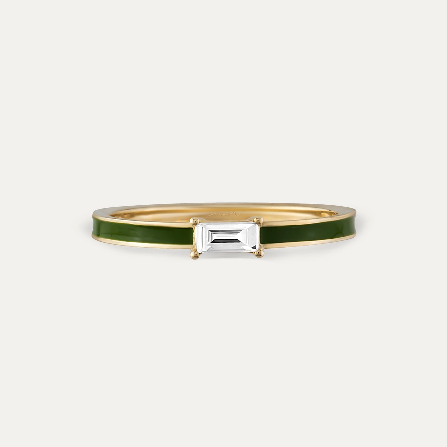 Inel din aur galben de 14k cu diamant baghet si email verde - Bijuterii LA ROSA