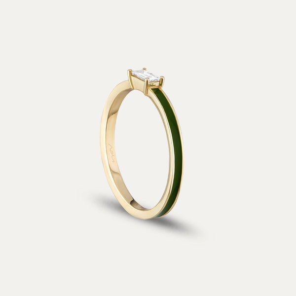 Inel din aur galben de 14k cu diamant baghet si email verde - Bijuterii LA ROSA