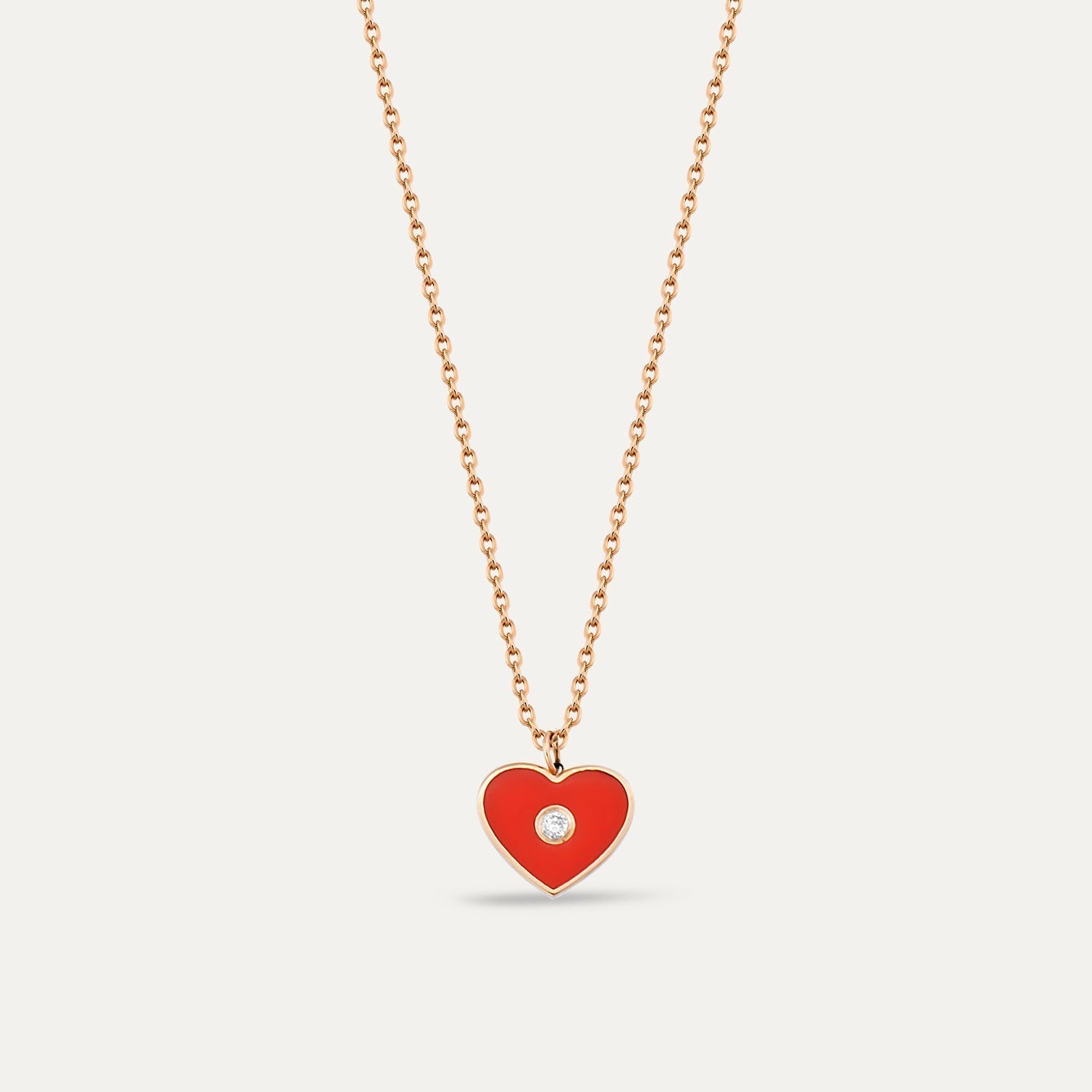 Colier din aur roz 18k cu email inima rosie si diamante - Bijuterii LA ROSA