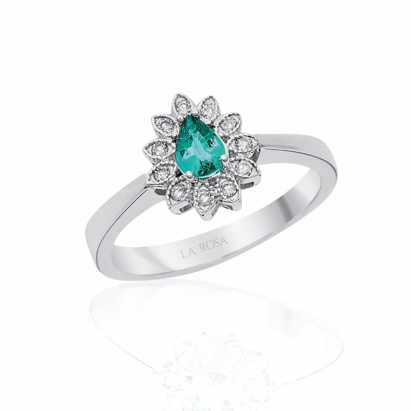 INEL R000124 DIN AUR ALB 14K FORMA FLOARE CU DIAMANTE SI SMARALD - Bijuterii LA ROSA - Verighete si Inele de Logodna, bijuterii cu diamante