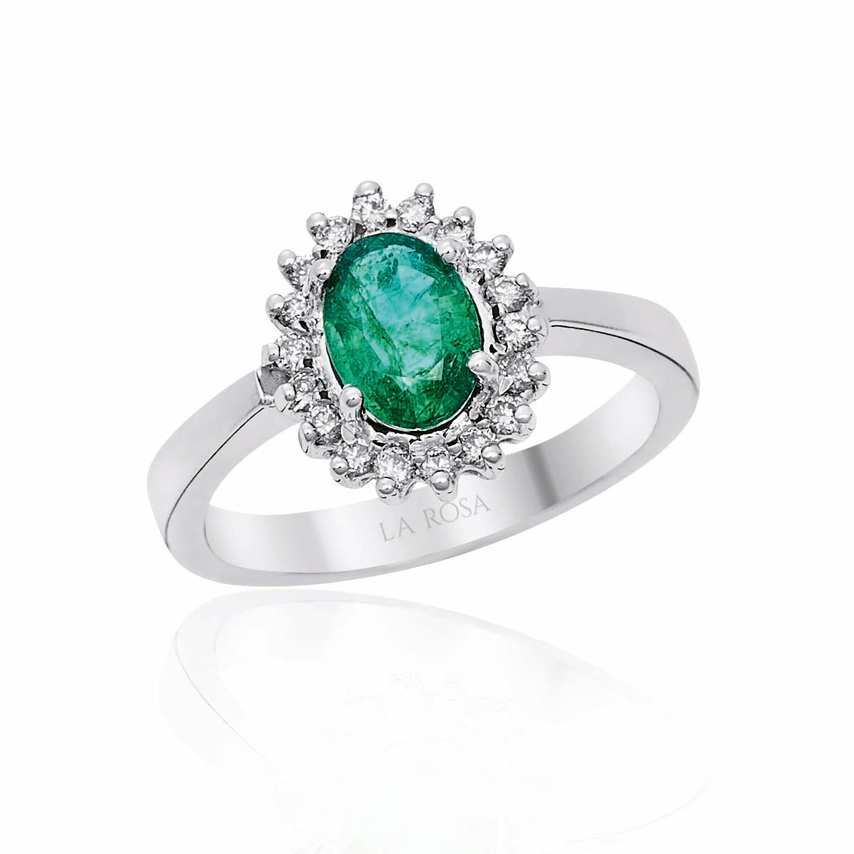 INEL R000127 DIN AUR ALB 14K FORMA OVALA CU DIAMANTE SI SMARALD - Bijuterii LA ROSA - Verighete si Inele de Logodna, bijuterii cu diamante