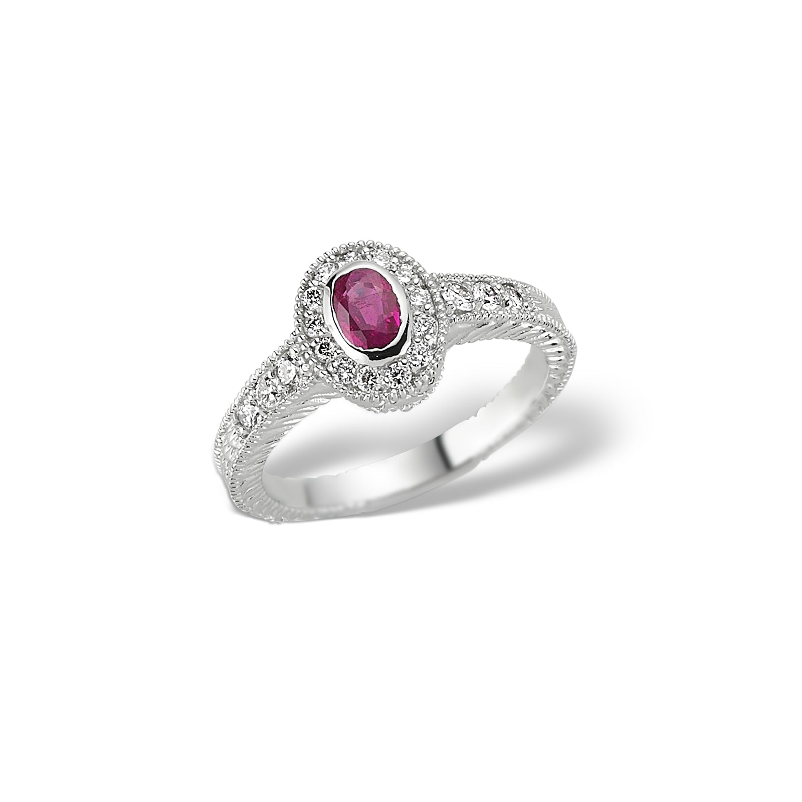 Inel LDRA1560 din aur alb 18k forma ovala cu diamante si rubin - Bijuterii LA ROSA