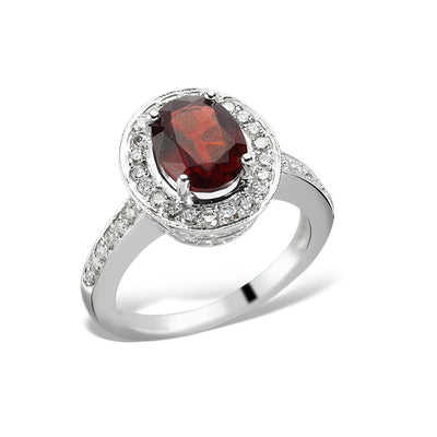 Inel LR00103 din aur alb 18k forma ovala cu diamante si Granat - Bijuterii LA ROSA