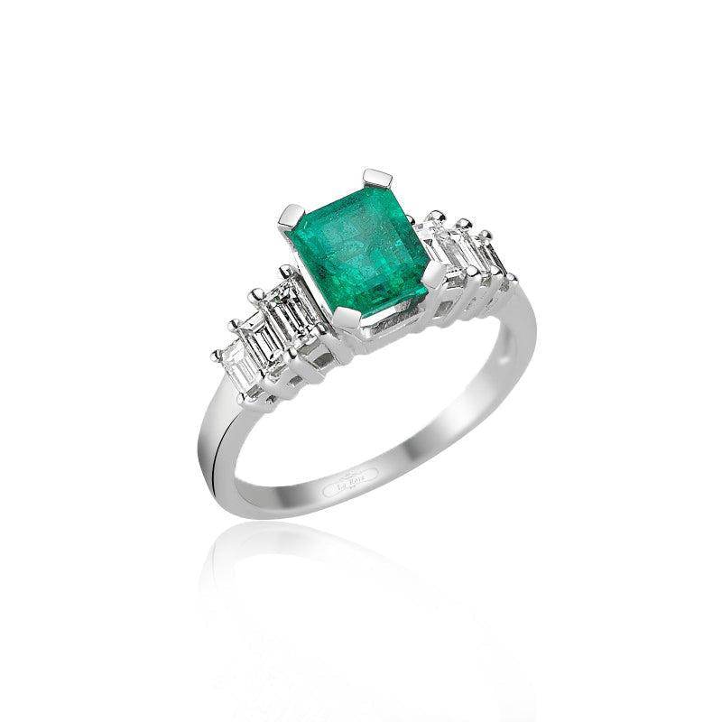 Inel LDRA0495 din aur alb 18k cu diamante si smarald forma dreptunghi - Bijuterii LA ROSA